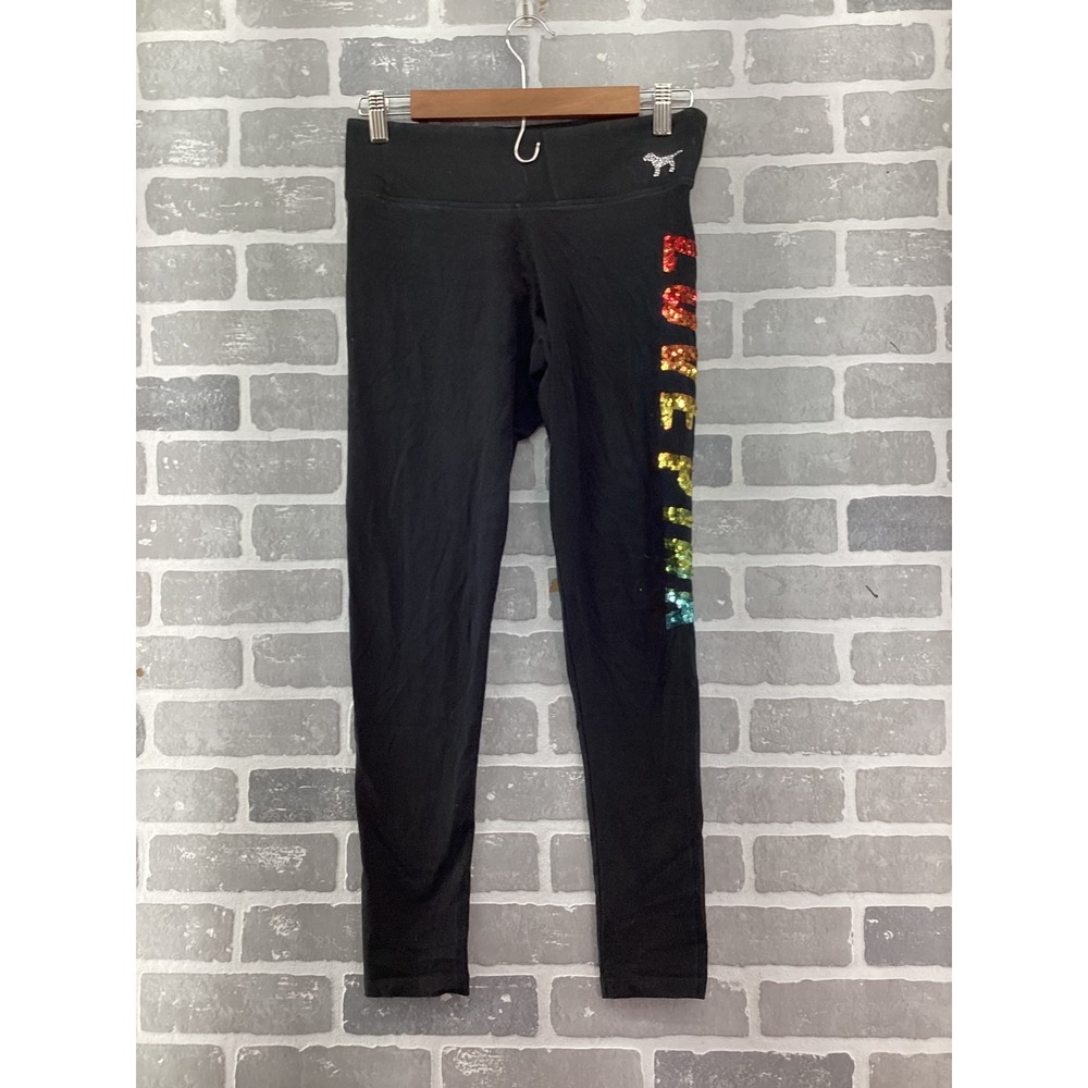 Victorias Secret PINK Yoga Leggings Black Rainbow Sequin Love Pink Womens Medium
